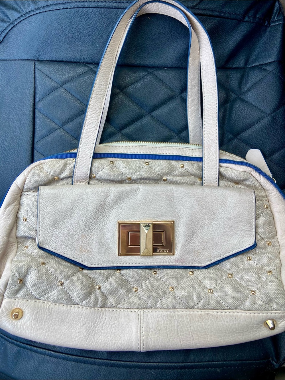 Juicy Couture Cream Quilted Shoulder Bag with Blue Trim and Gold Hardware